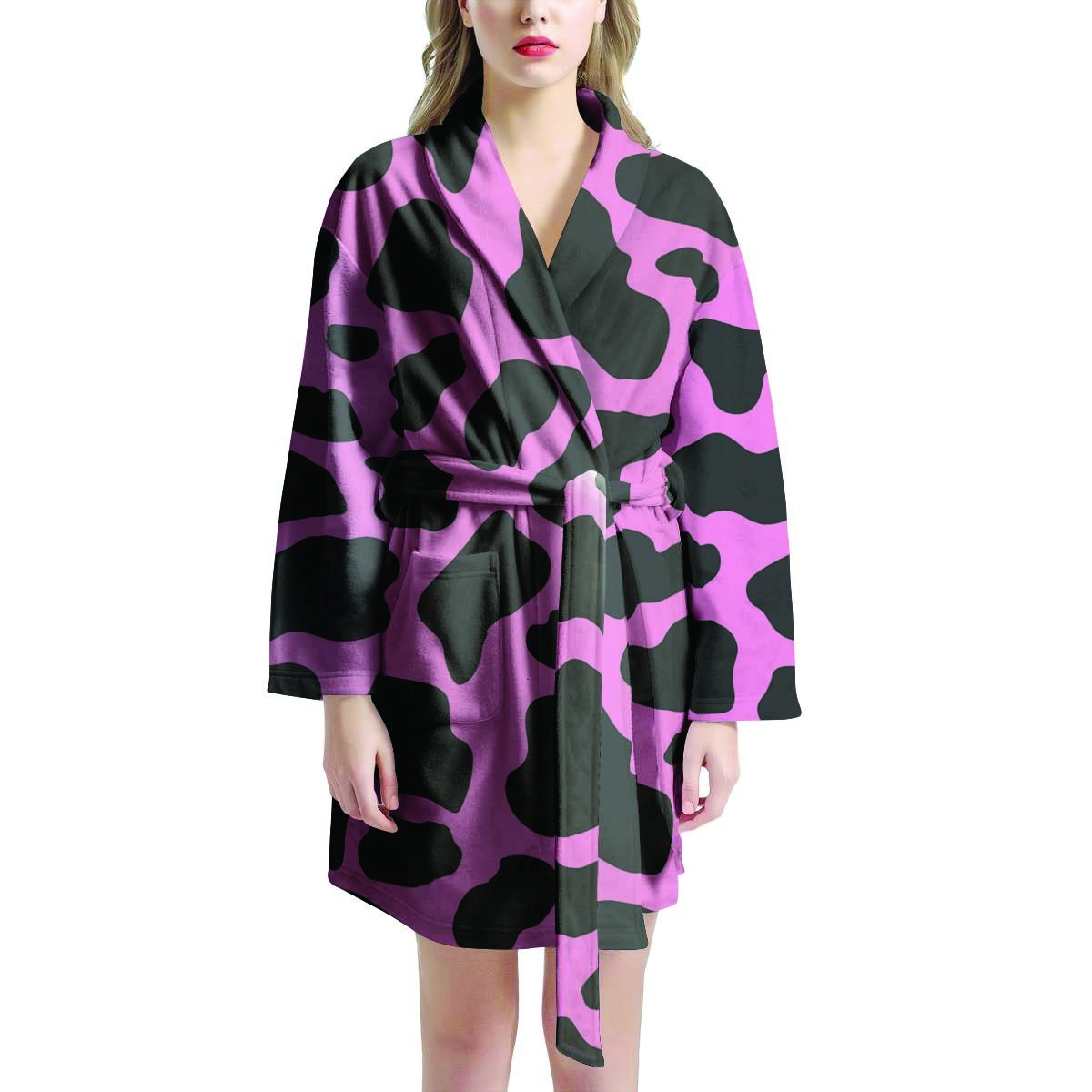 Black Pink Cow Print Women's Robe-grizzshop