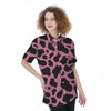 Black Pink Cow Print Women's Short Sleeve Shirts-grizzshop