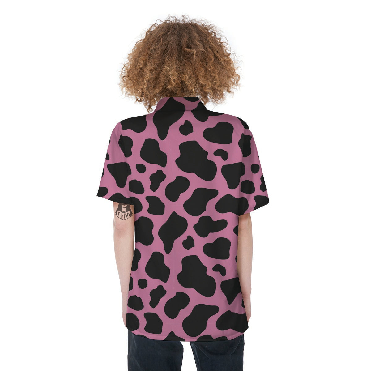 Black Pink Cow Print Women's Short Sleeve Shirts-grizzshop