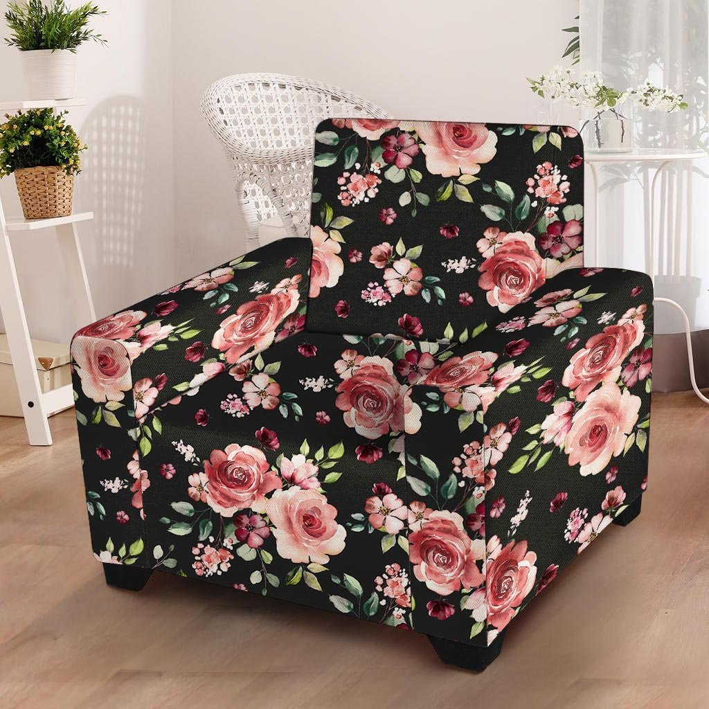 Black Pink Rose Flower Print Armchair Cover-grizzshop