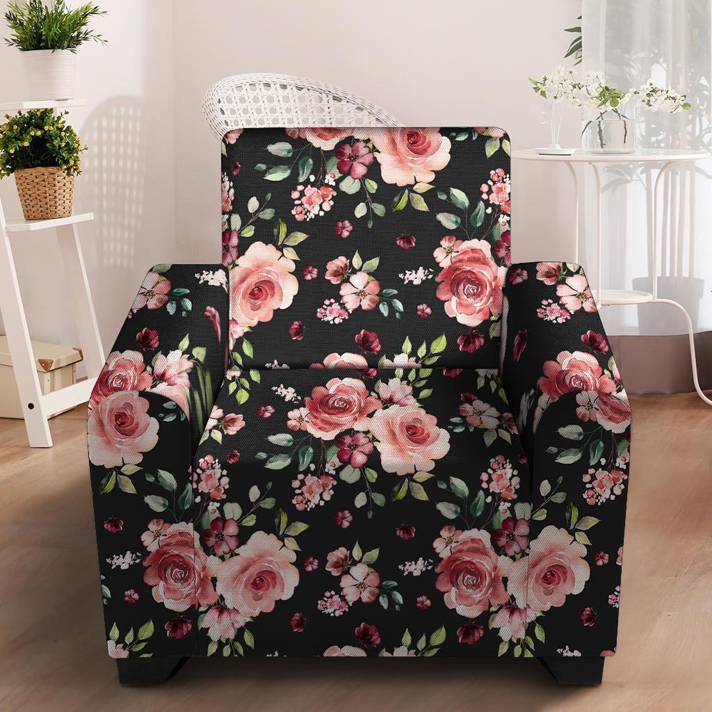 Black Pink Rose Flower Print Armchair Cover-grizzshop