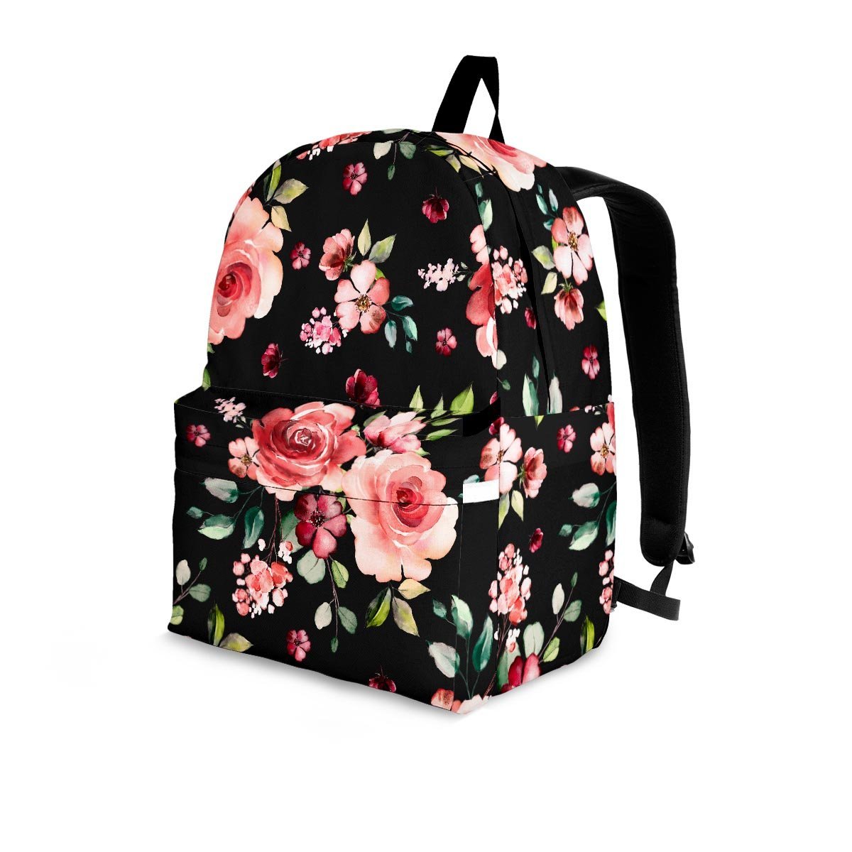 Black Pink Rose Flower Print Backpack-grizzshop