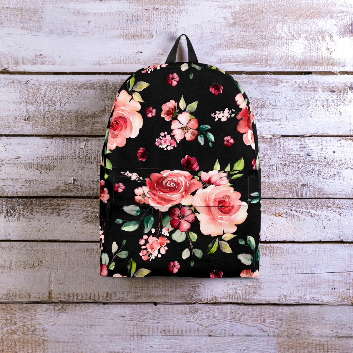 Black Pink Rose Flower Print Backpack-grizzshop