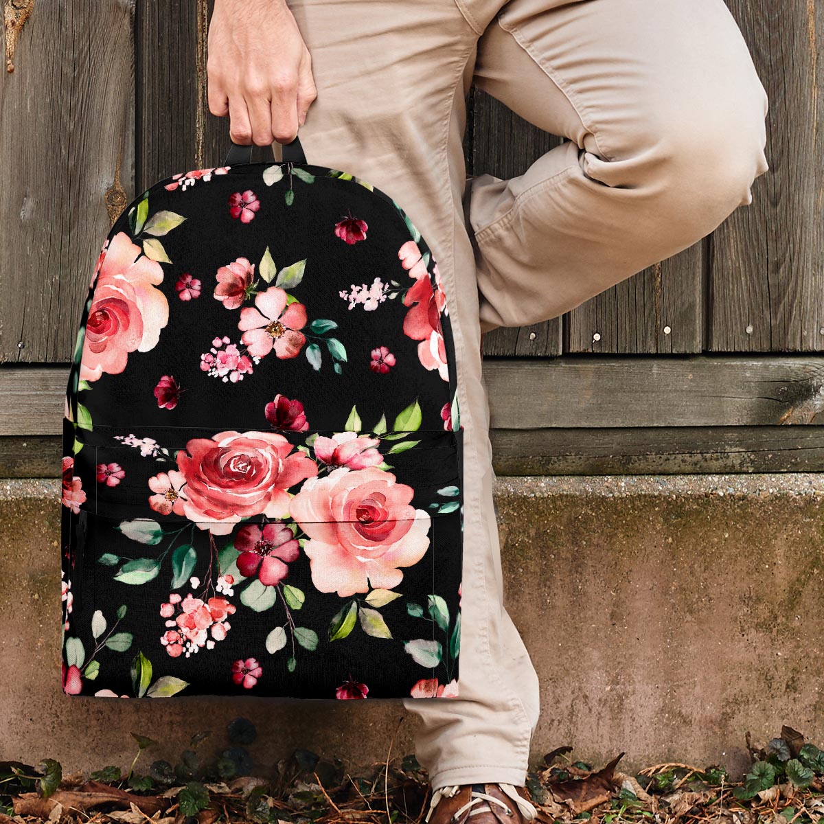 Black Pink Rose Flower Print Backpack-grizzshop