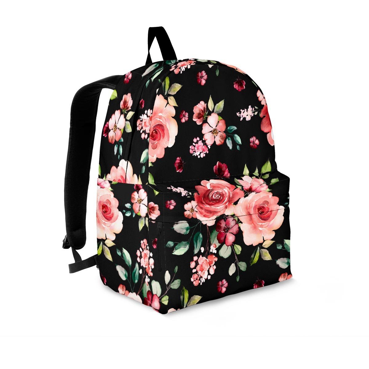 Black Pink Rose Flower Print Backpack-grizzshop