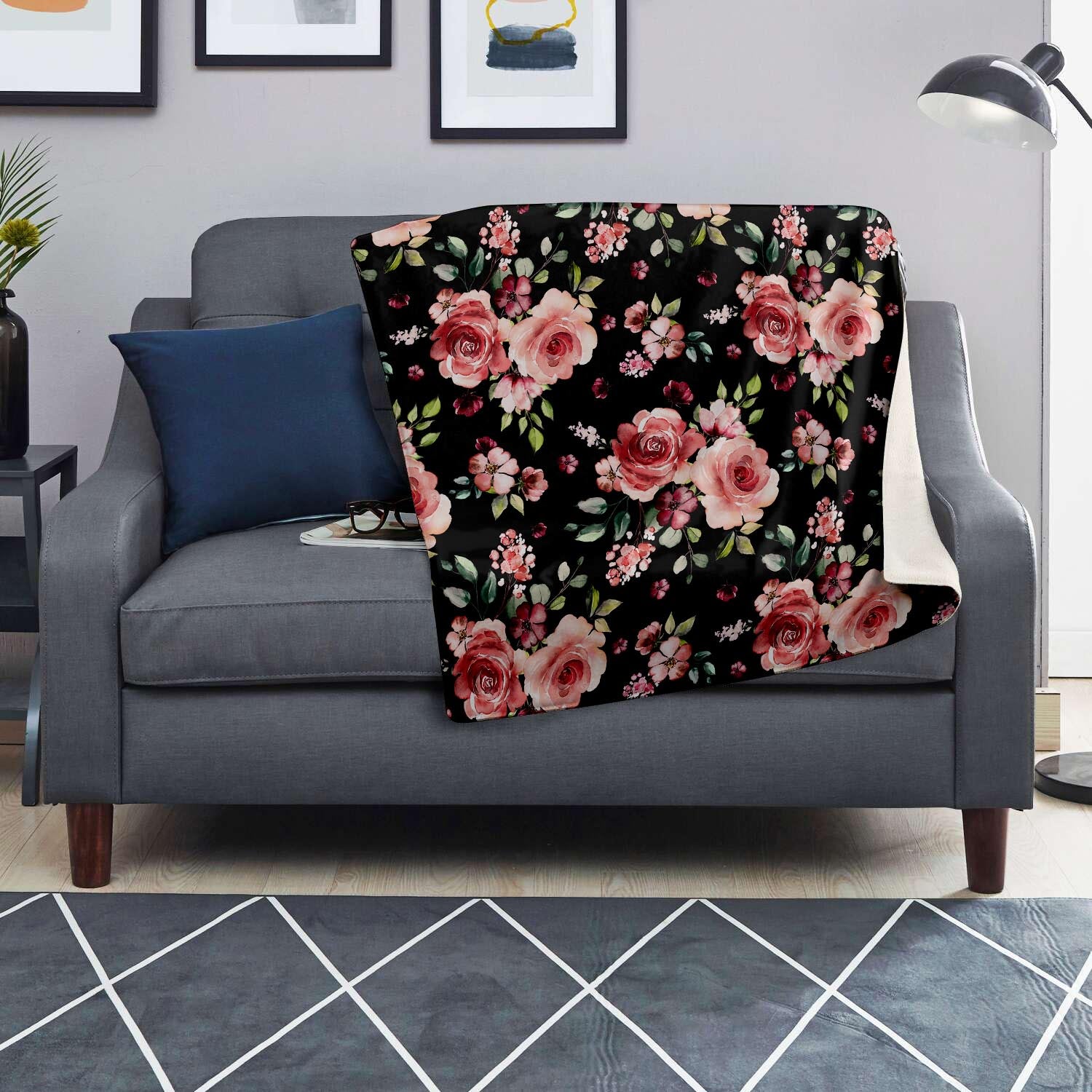 Black Pink Rose Flower Print Blanket-grizzshop