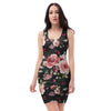 Black Pink Rose Flower Print Bodycon Dress-grizzshop