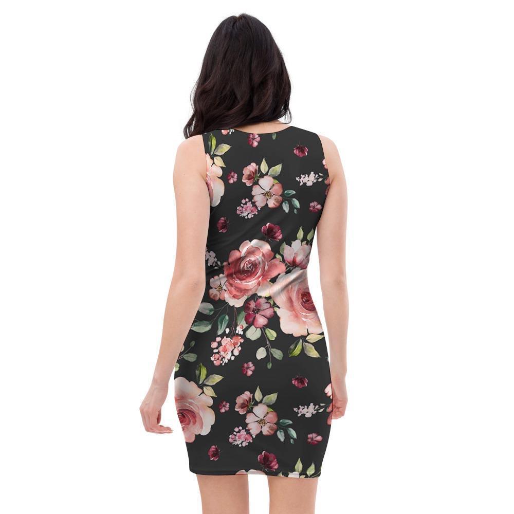 Black Pink Rose Flower Print Bodycon Dress-grizzshop