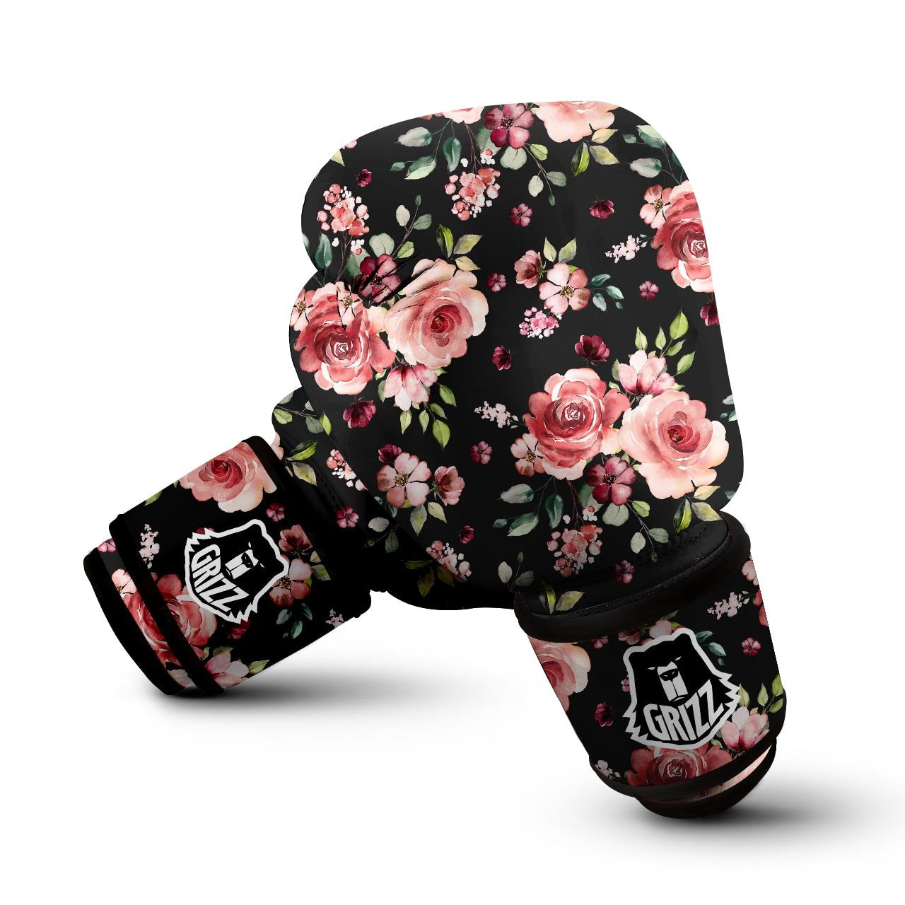 Black Pink Rose Flower Print Boxing Gloves-grizzshop