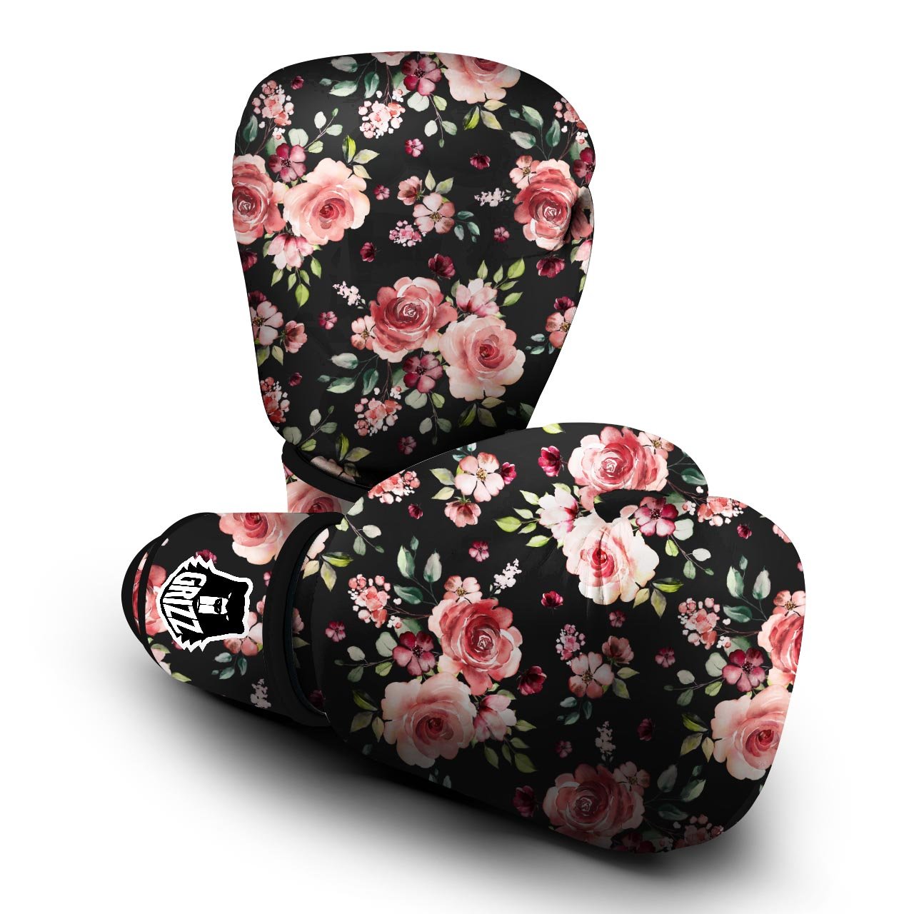 Black Pink Rose Flower Print Boxing Gloves-grizzshop