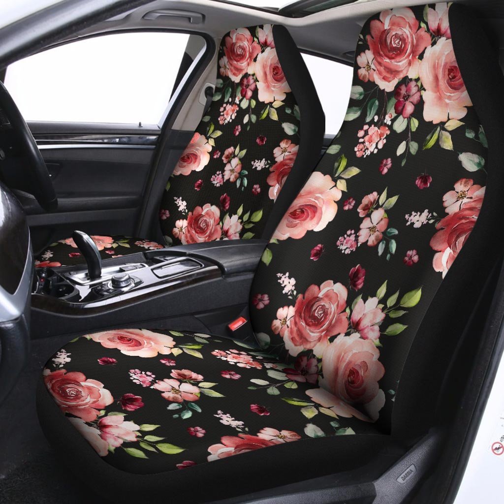 Black Pink Rose Flower Print Car Seat Covers-grizzshop