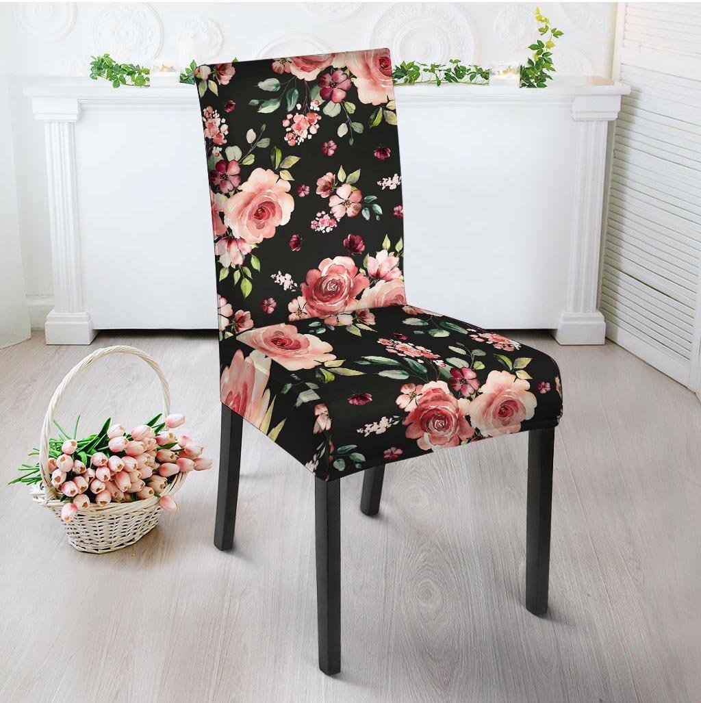 Black Pink Rose Flower Print Chair Cover-grizzshop