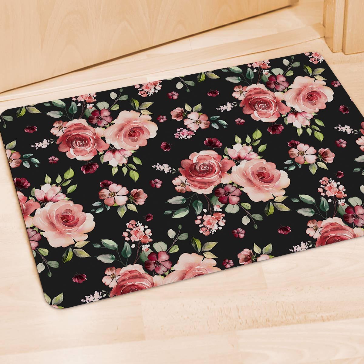 Black Pink Rose Flower Print Door Mat-grizzshop