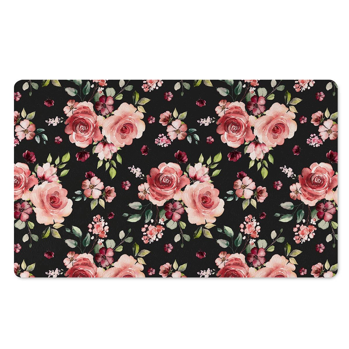 Black Pink Rose Flower Print Door Mat-grizzshop