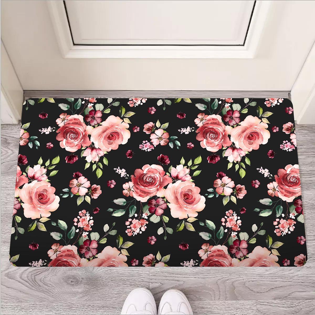 Black Pink Rose Flower Print Door Mat-grizzshop