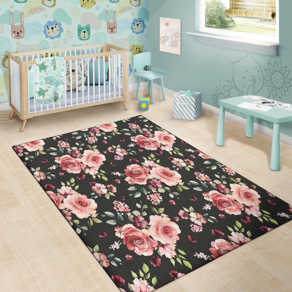 Black Pink Rose Flower Print Floor Mat-grizzshop