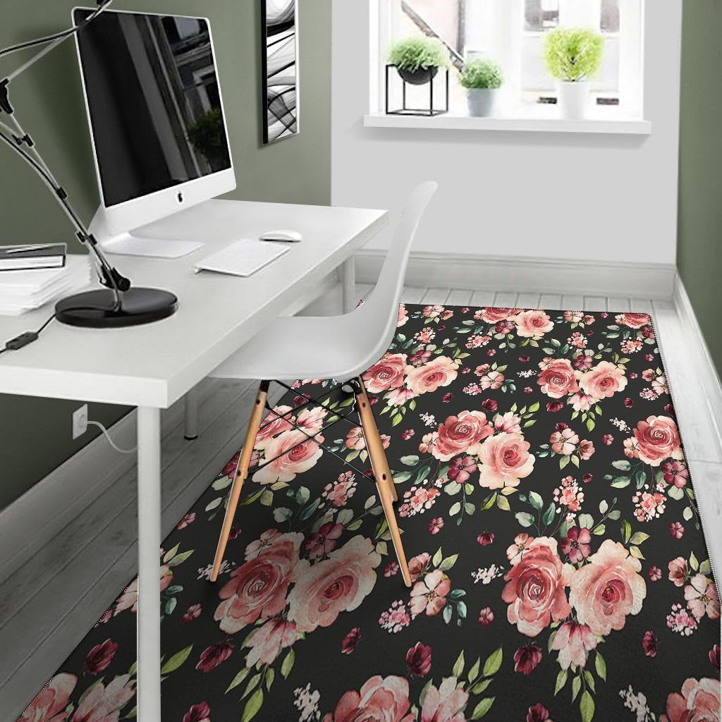 Black Pink Rose Flower Print Floor Mat-grizzshop