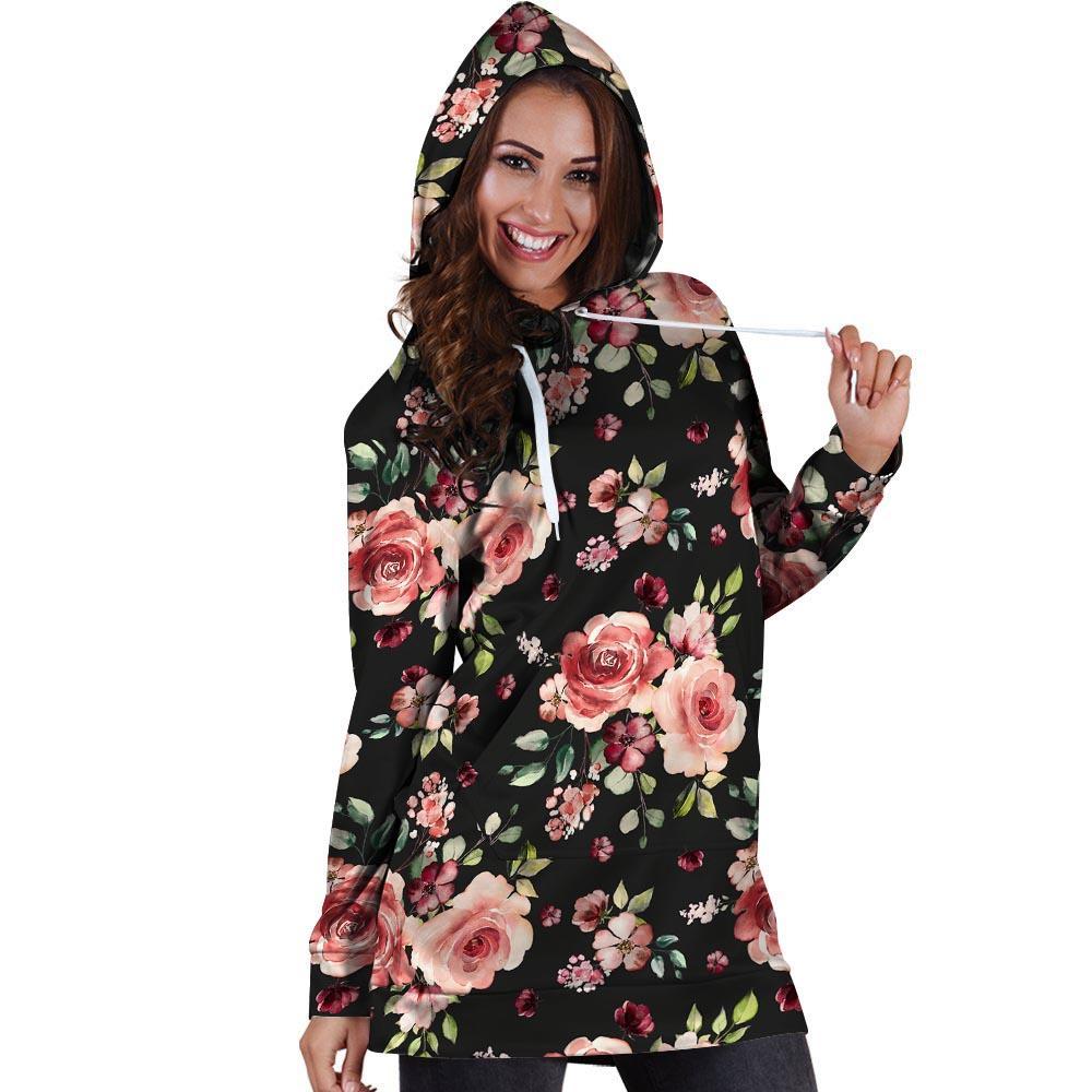 Black Pink Rose Flower Print Hoodie Dress-grizzshop