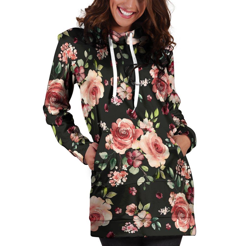 Black Pink Rose Flower Print Hoodie Dress-grizzshop