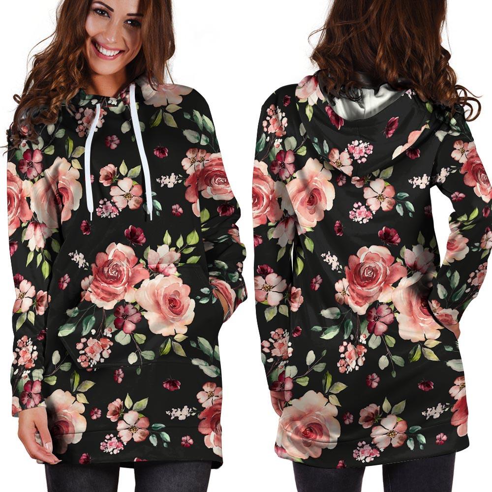 Black Pink Rose Flower Print Hoodie Dress-grizzshop