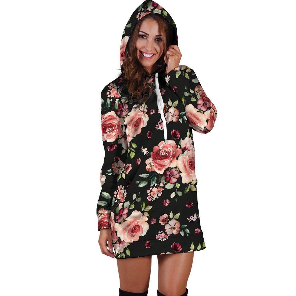 Black Pink Rose Flower Print Hoodie Dress-grizzshop