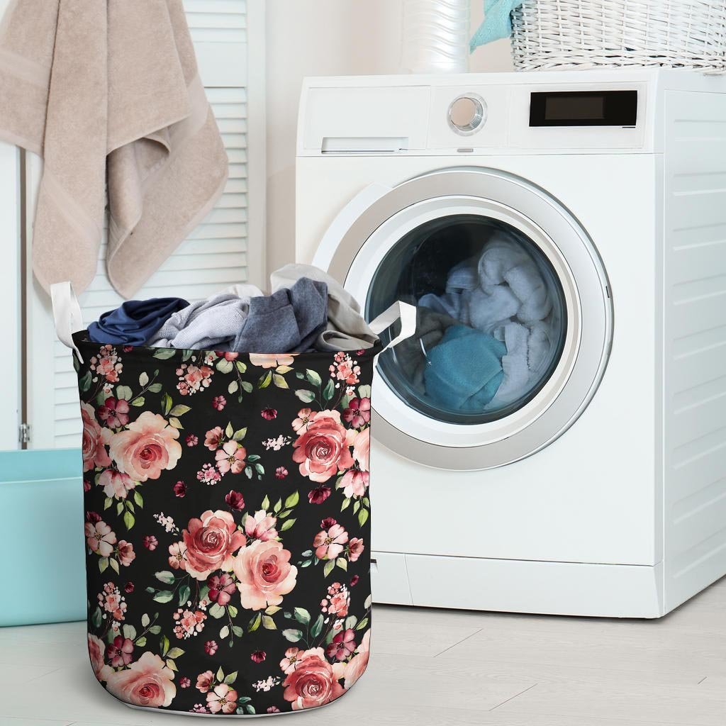 Black Pink Rose Flower Print Laundry Basket-grizzshop