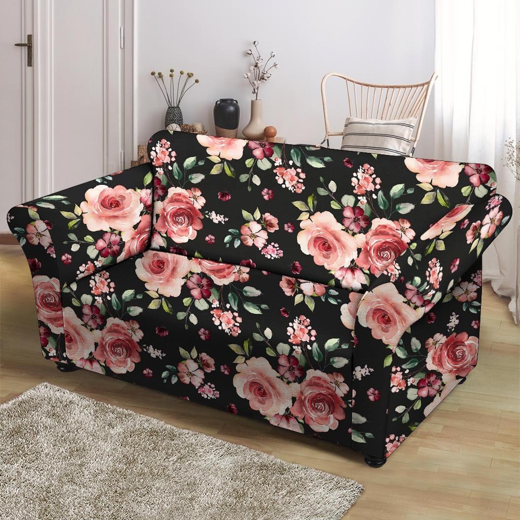 Black Pink Rose Flower Print Loveseat Cover-grizzshop