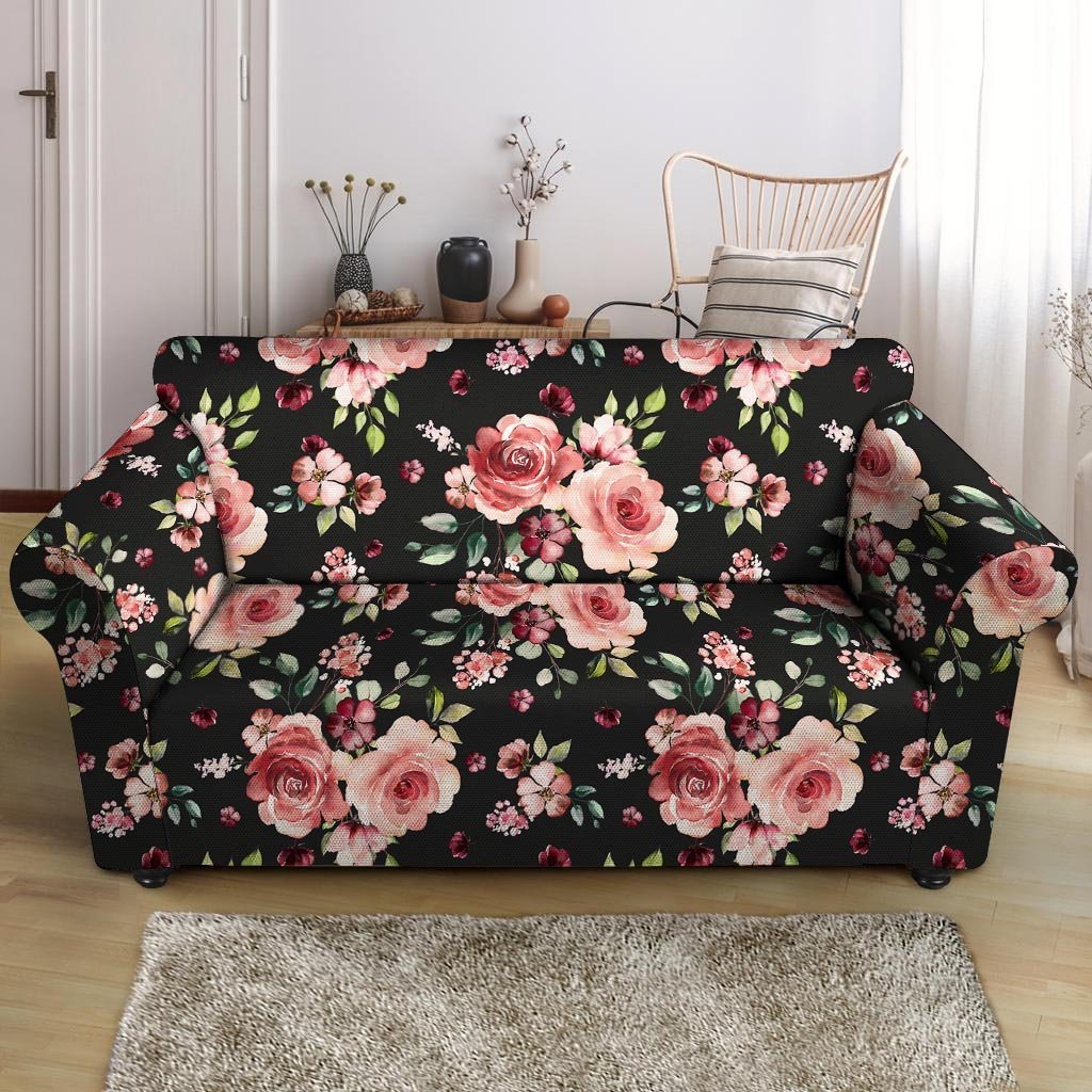 Black Pink Rose Flower Print Loveseat Cover-grizzshop