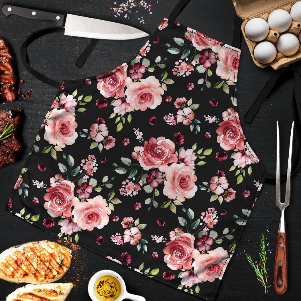 Black Pink Rose Flower Print Men's Apron-grizzshop