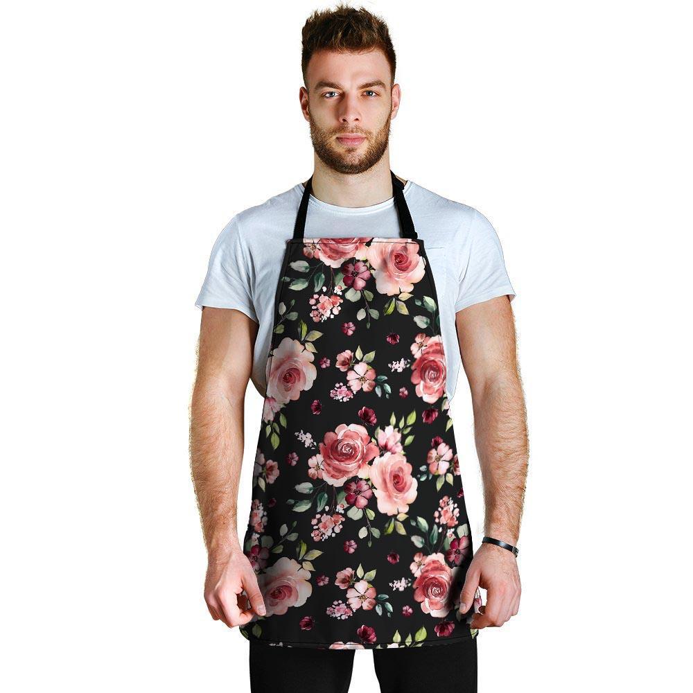 Black Pink Rose Flower Print Men's Apron-grizzshop