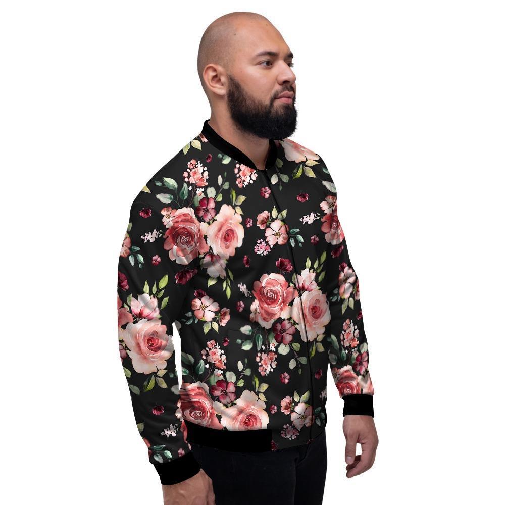 Black Pink Rose Flower Print Men's Bomber Jacket-grizzshop