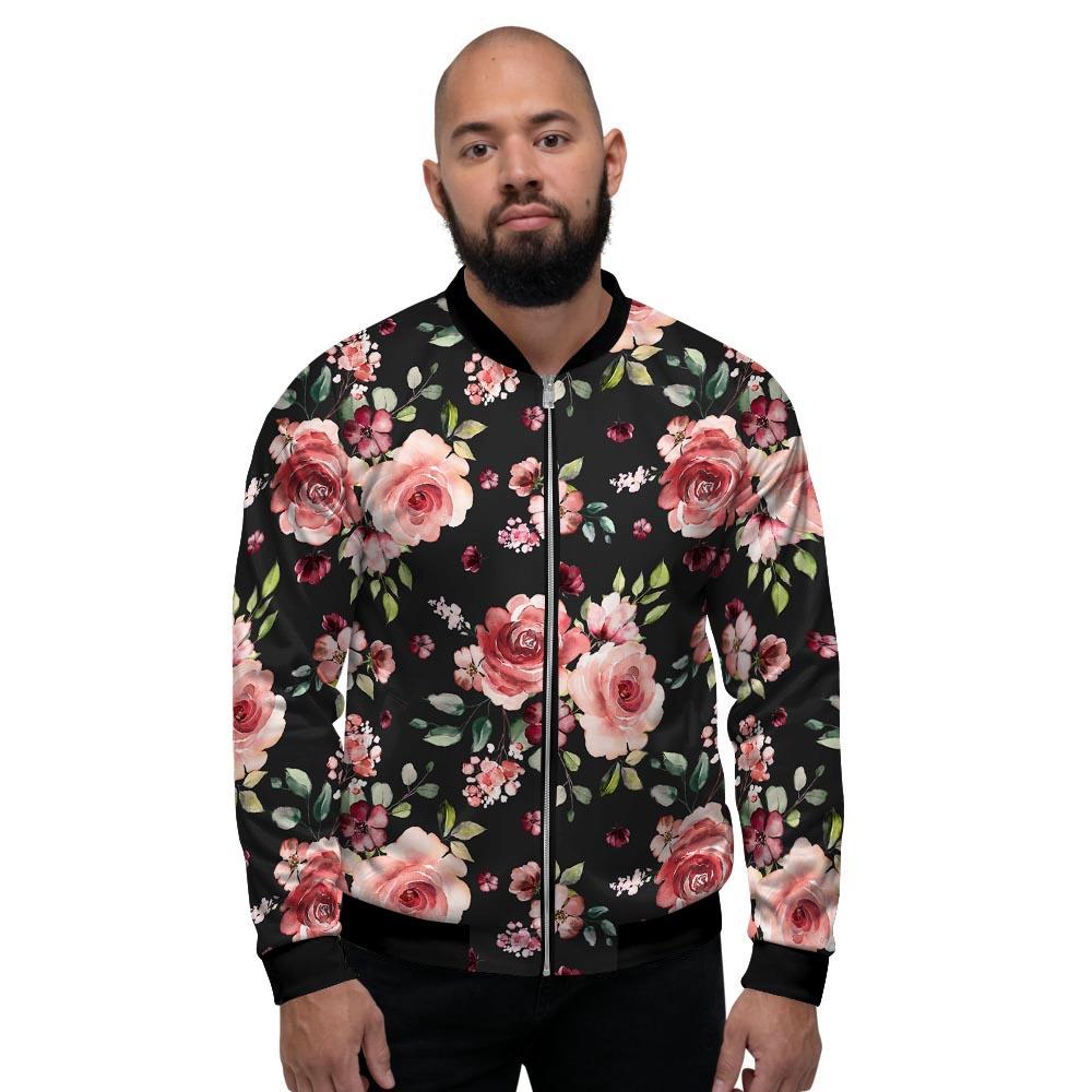 Grizzshop Black Pink Rose Flower Print Men's Bomber Jacket