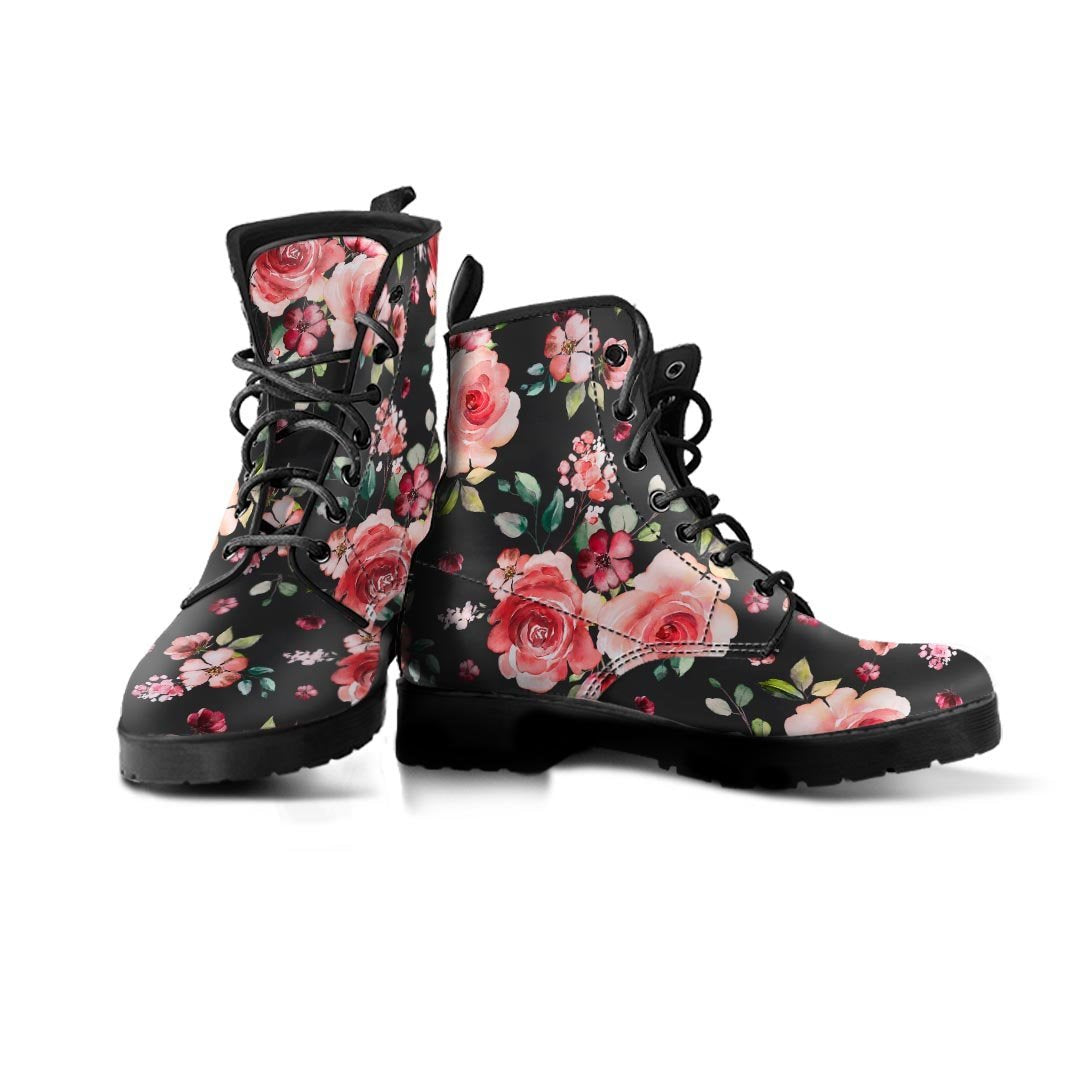 Black Pink Rose Flower Print Men's Boots-grizzshop