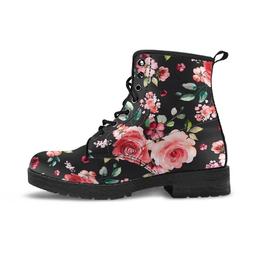 Black Pink Rose Flower Print Men's Boots-grizzshop