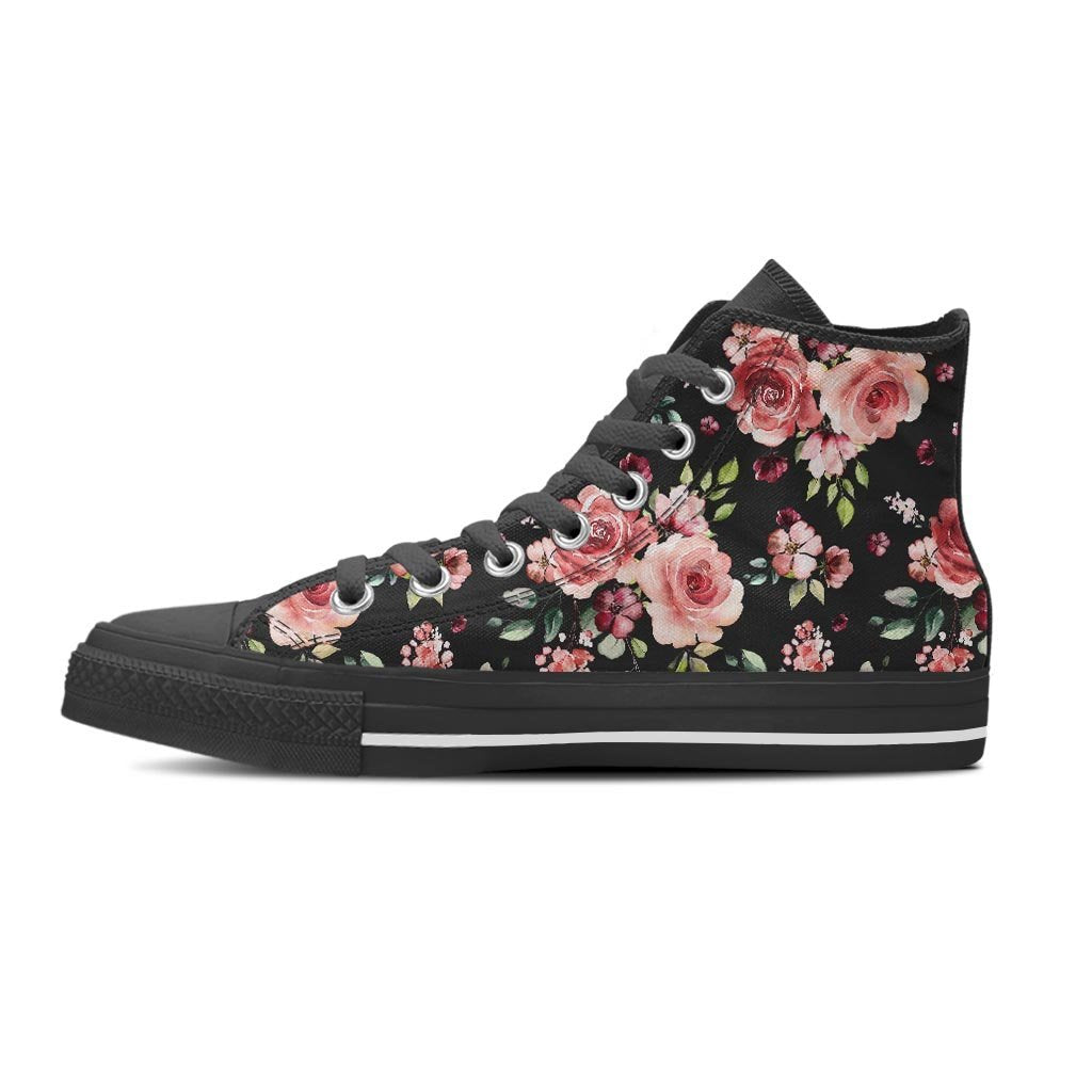 Black Pink Rose Flower Print Men's High Top Shoes-grizzshop