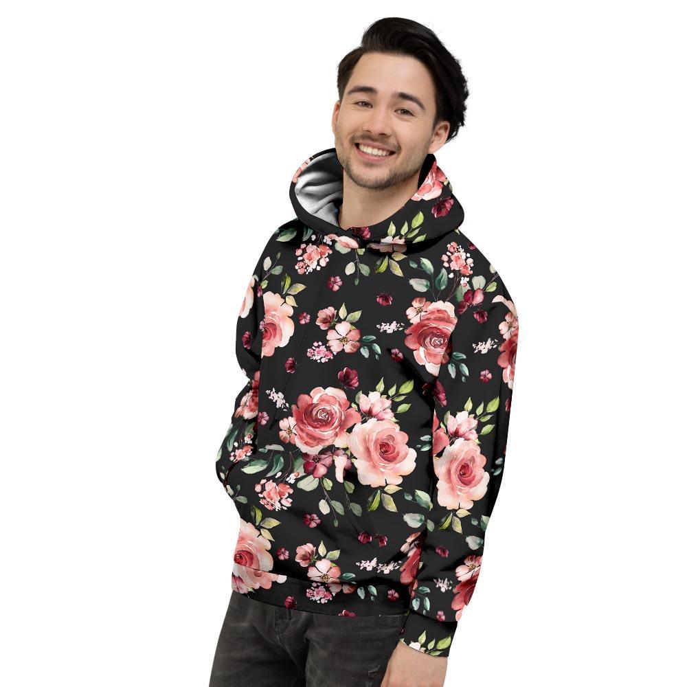 Black Pink Rose Flower Print Men's Hoodie-grizzshop