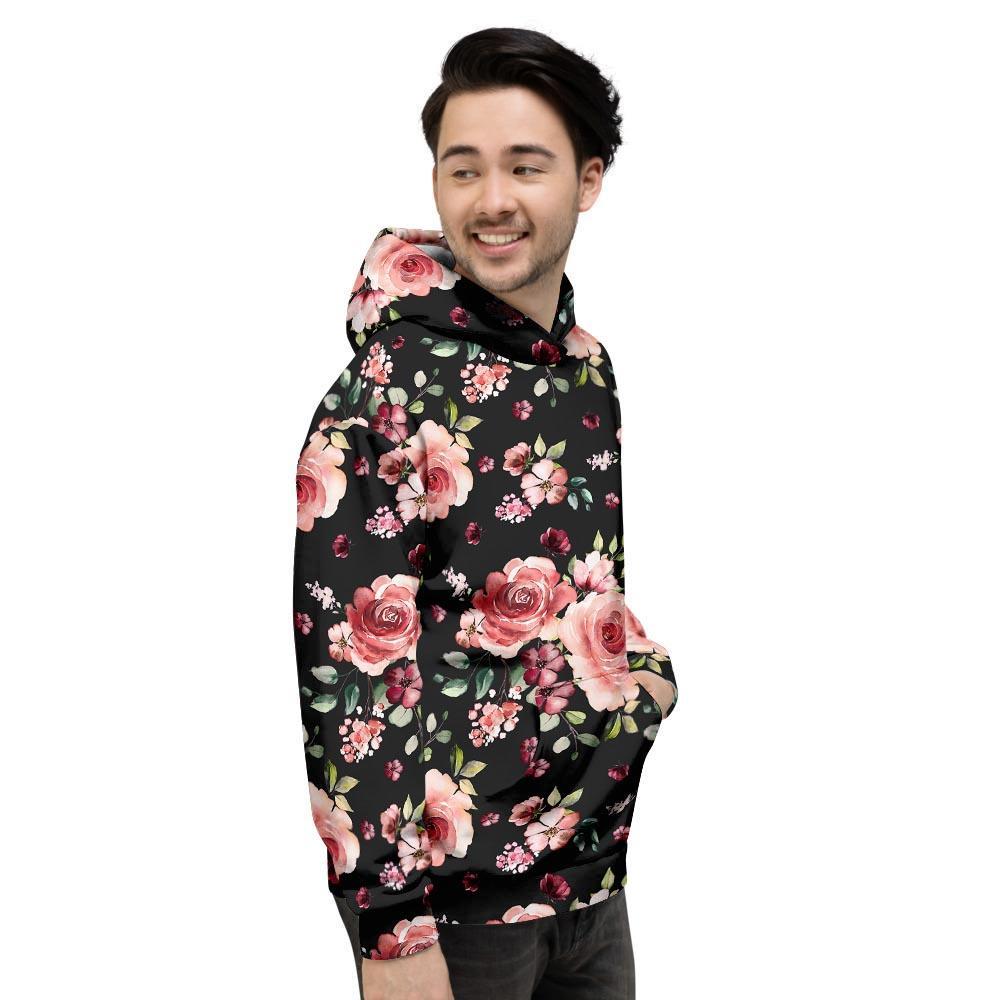 Black Pink Rose Flower Print Men's Hoodie-grizzshop