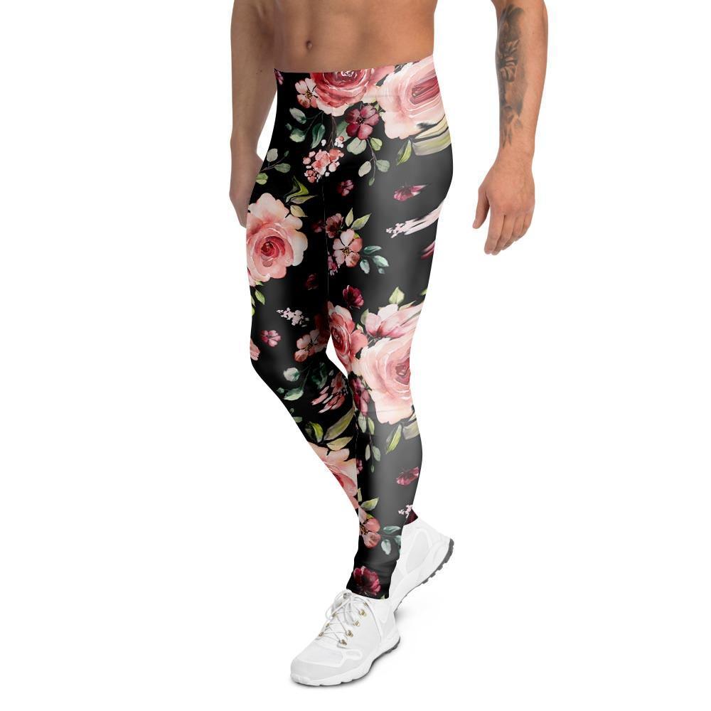 Black Pink Rose Flower Print Men's Leggings-grizzshop