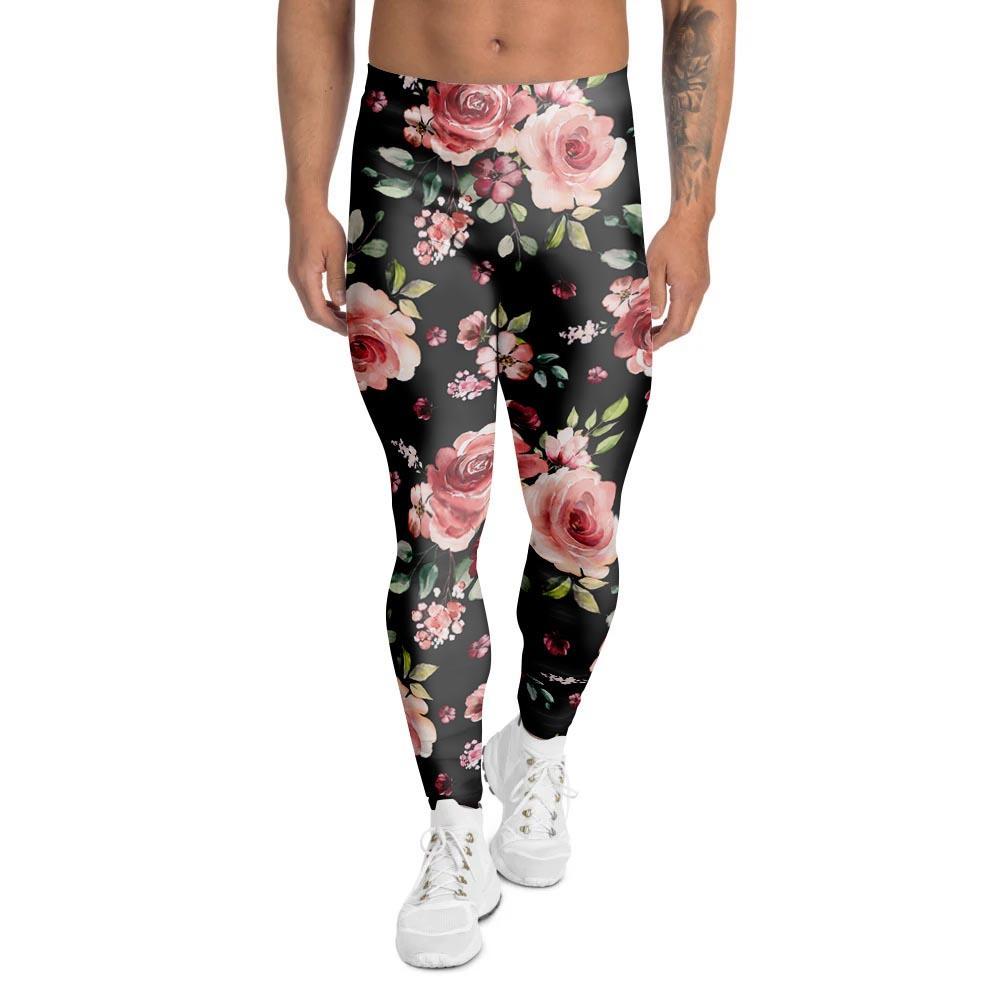 Black Pink Rose Flower Print Men's Leggings-grizzshop