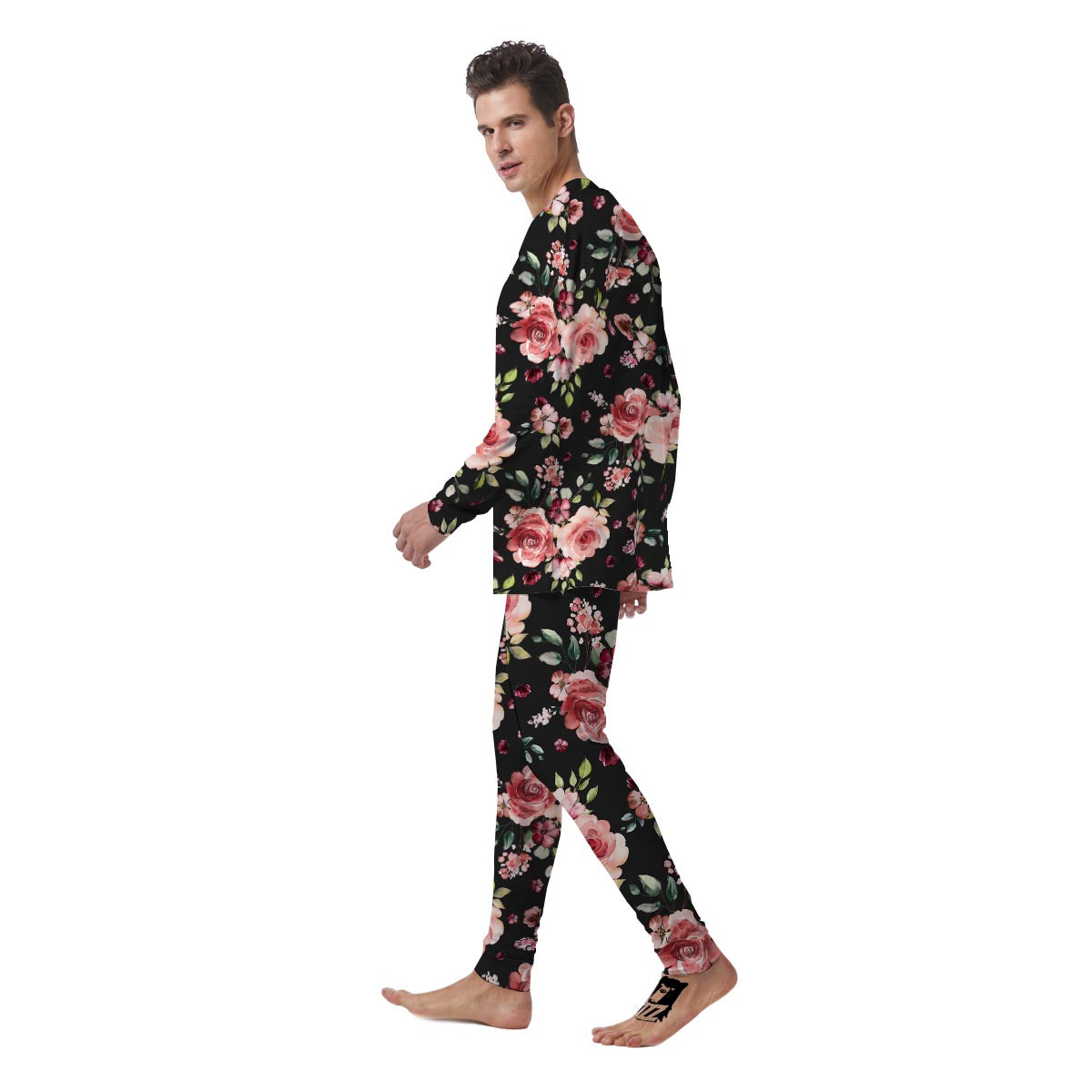 Black Pink Rose Flower Print Men's Pajamas-grizzshop