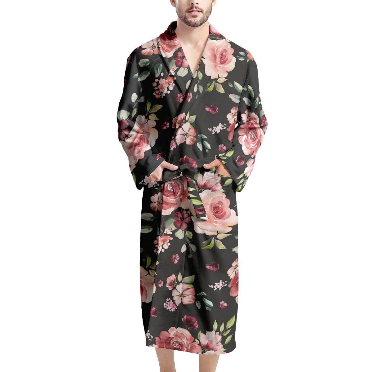 Black Pink Rose Flower Print Men's Robe