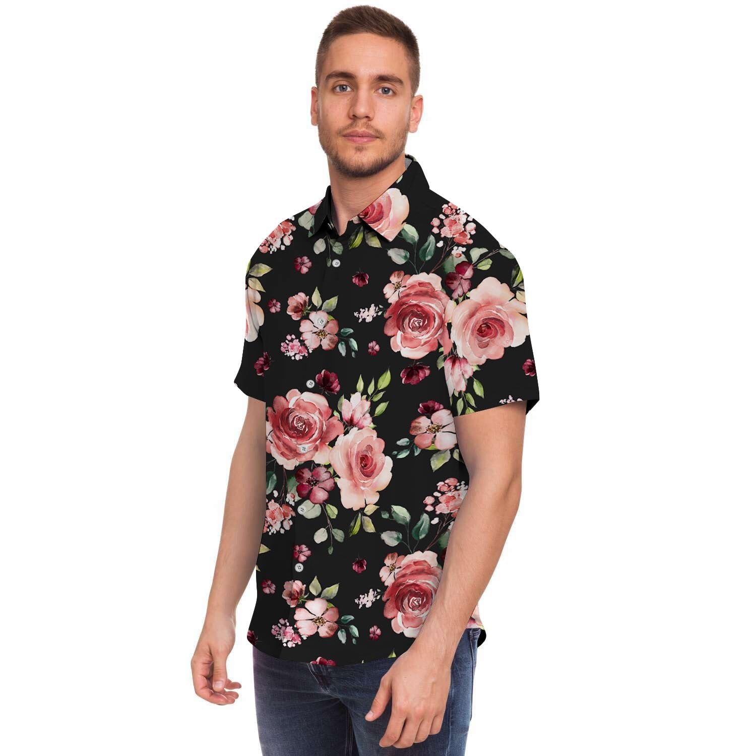 Black Pink Rose Flower Print Men's Short Sleeve Shirt-grizzshop