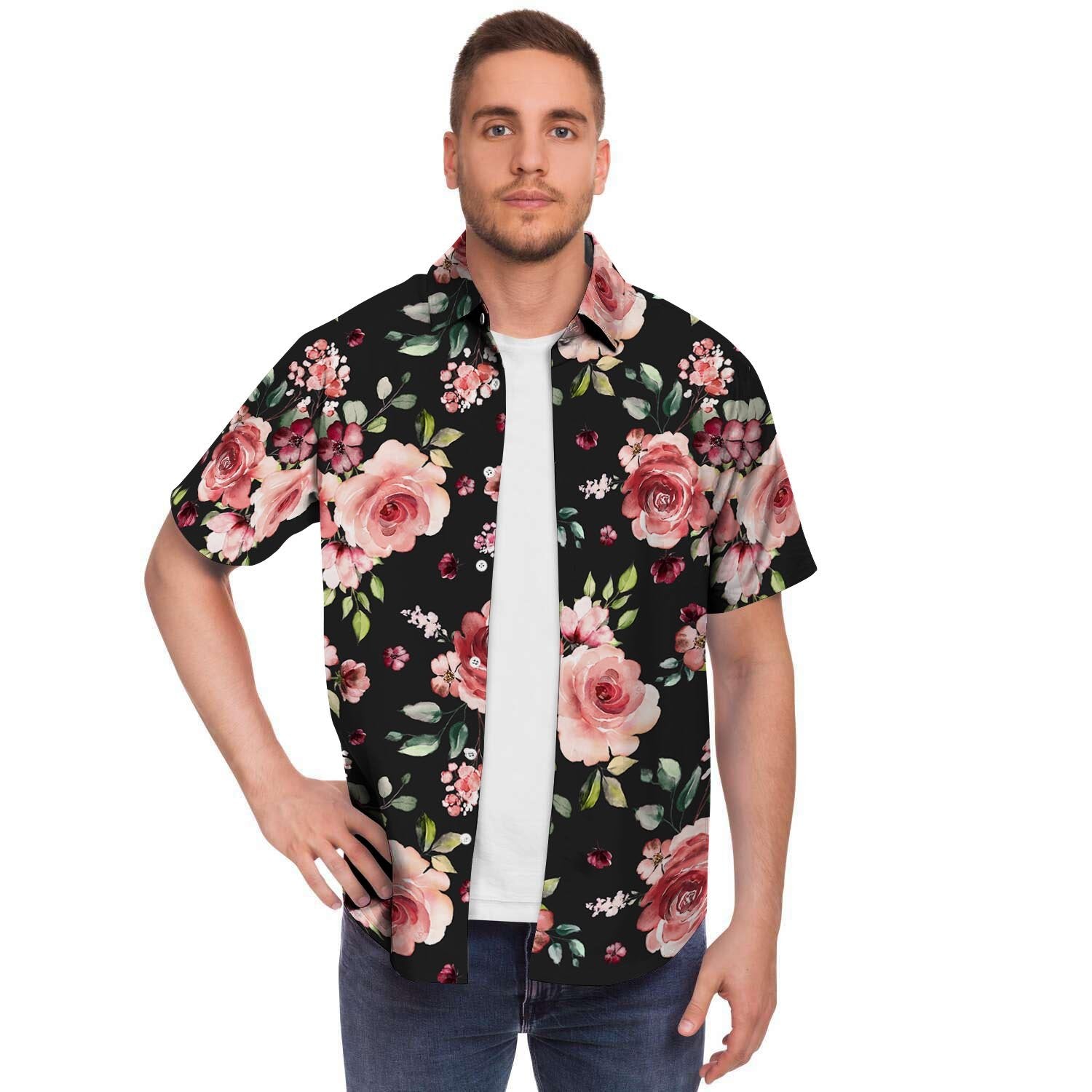 Black Pink Rose Flower Print Men's Short Sleeve Shirt-grizzshop