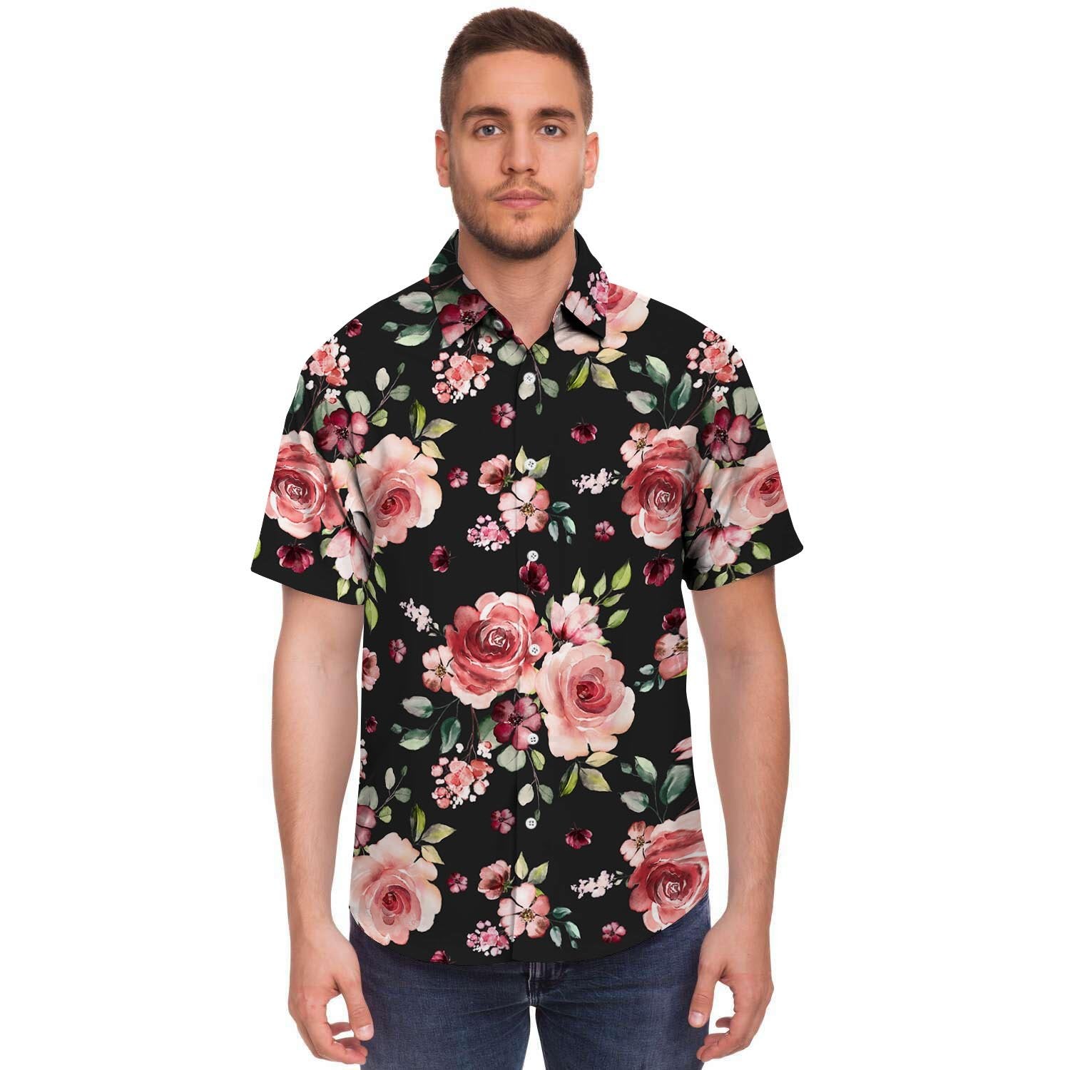 Black Pink Rose Flower Print Men's Short Sleeve Shirt-grizzshop