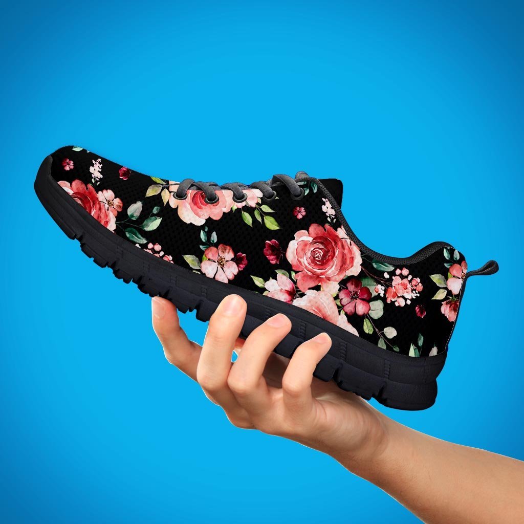 Black Pink Rose Flower Print Men's Sneakers-grizzshop