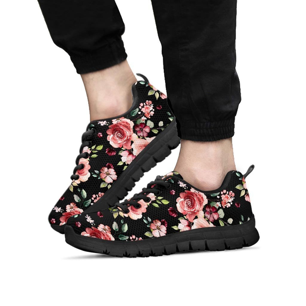 Black Pink Rose Flower Print Men's Sneakers-grizzshop