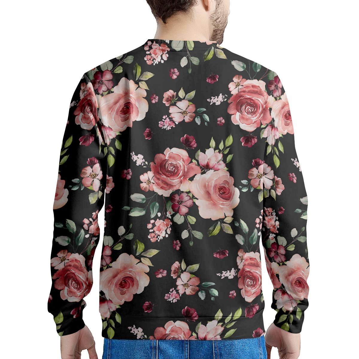 Black Pink Rose Flower Print Men's Sweatshirt-grizzshop