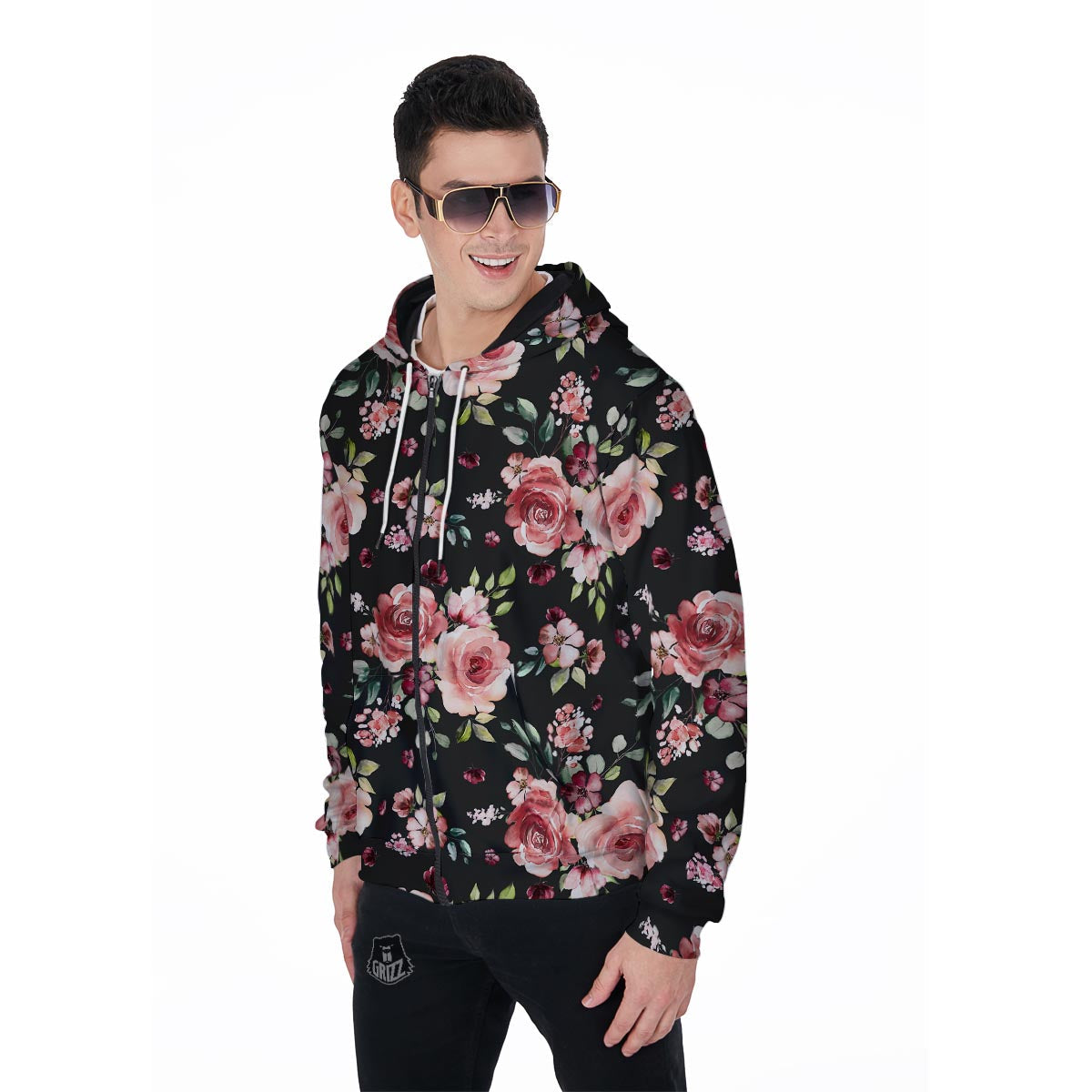 Black Pink Rose Flower Print Men's Zip Up Hoodie-grizzshop