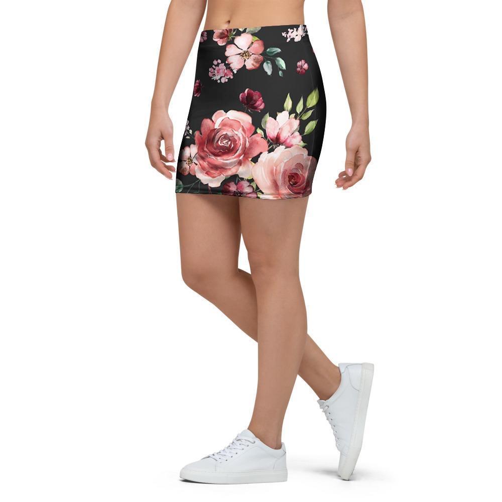 Black Pink Rose Flower Print Mini Skirt-grizzshop