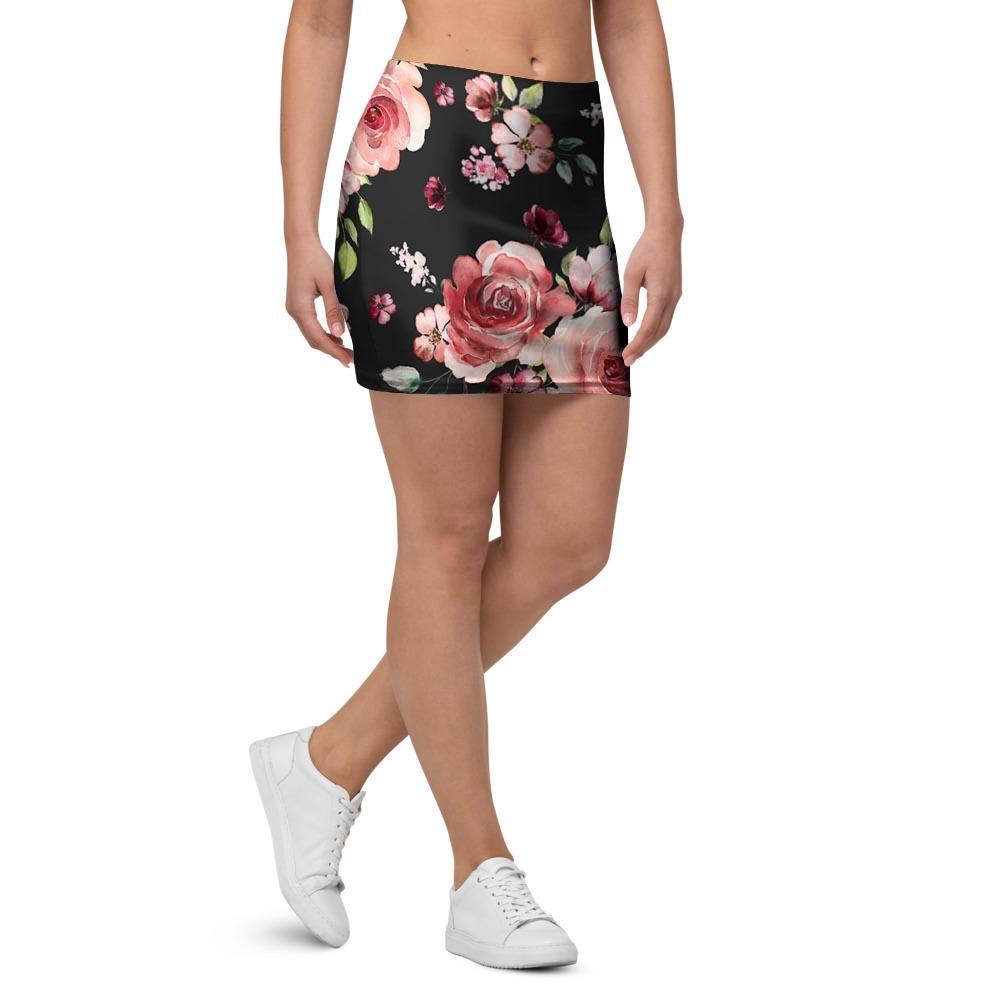 Black Pink Rose Flower Print Mini Skirt-grizzshop